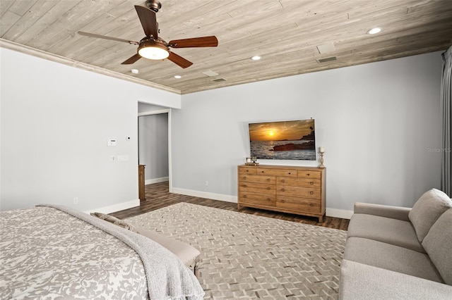 bedroom featuring dark hardwood / wood-style floors, ceiling fan, and wood ceiling