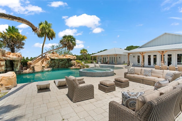 view of swimming pool with an in ground hot tub, an outdoor living space, french doors, and a patio area