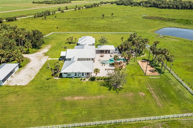 aerial view featuring a rural view and a water view