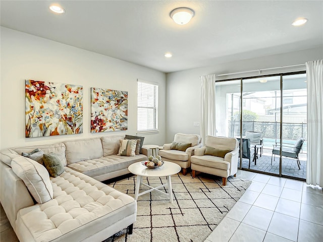 living room with light tile floors