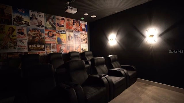 home theater featuring carpet flooring