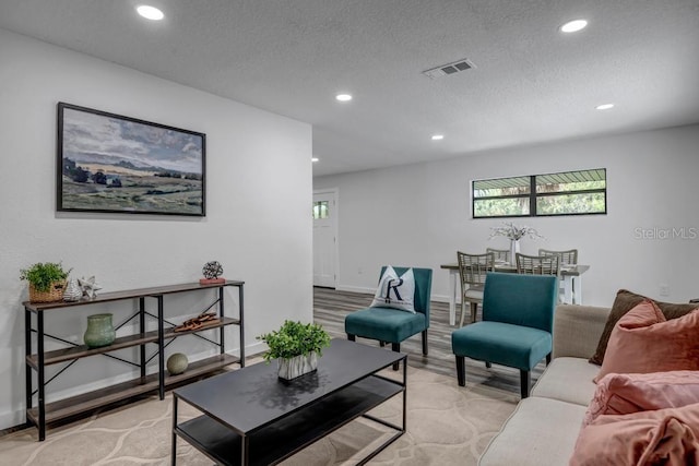 living room featuring a textured ceiling and light hardwood / wood-style flooring