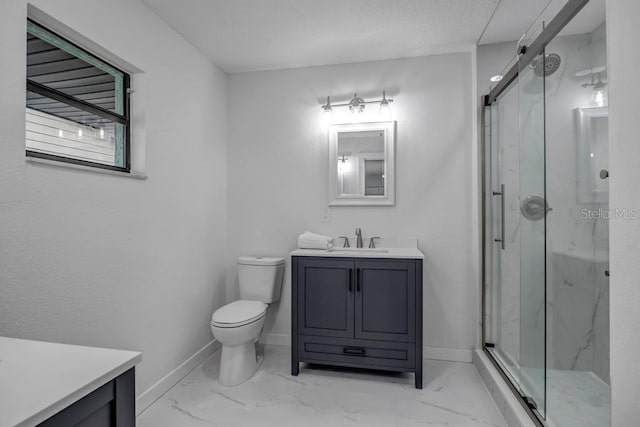 bathroom featuring an enclosed shower, toilet, vanity, and tile flooring