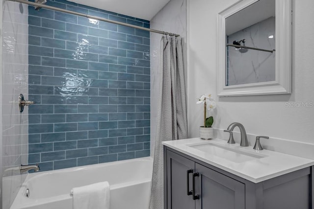 bathroom featuring vanity and shower / tub combo with curtain