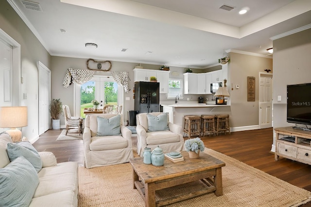 living room featuring french doors, crown molding, dark wood-type flooring, and sink