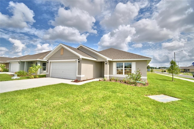 single story home featuring a front yard and a garage