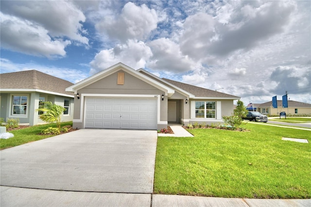 ranch-style house with a front lawn and a garage