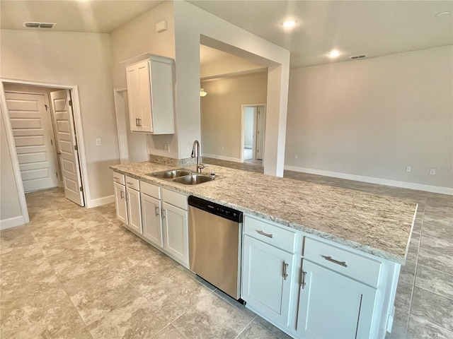 kitchen featuring light tile floors, sink, white cabinetry, dishwasher, and light stone counters