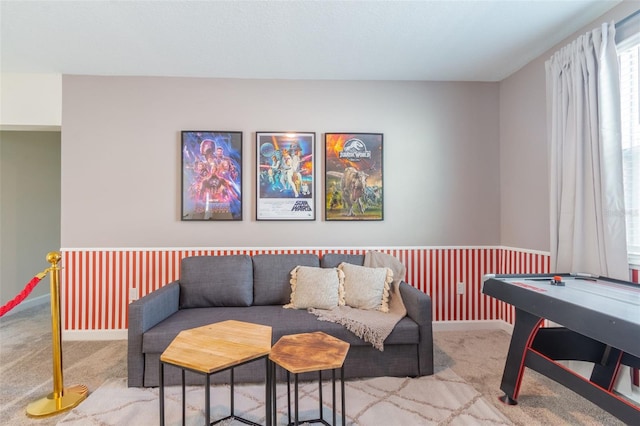 carpeted living room with pool table