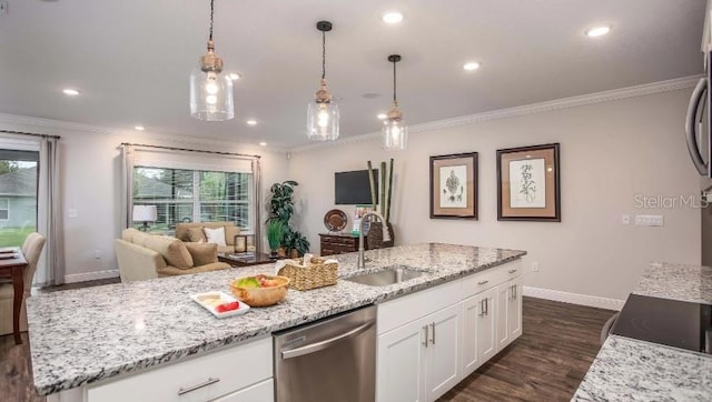 kitchen featuring white cabinetry, an island with sink, sink, stainless steel dishwasher, and crown molding