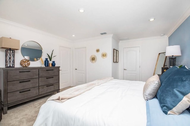 carpeted bedroom with ornamental molding