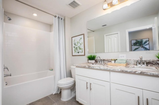 full bathroom with shower / bathtub combination with curtain, vanity, tile patterned floors, and toilet