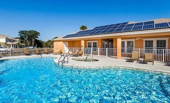 view of pool featuring a patio area and ceiling fan