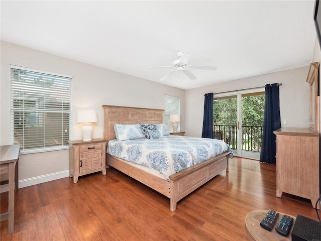 bedroom featuring ceiling fan, wood-type flooring, and access to outside