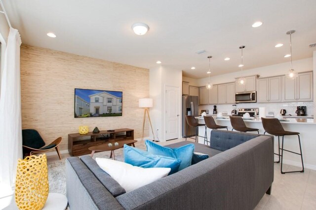 living room with light tile floors