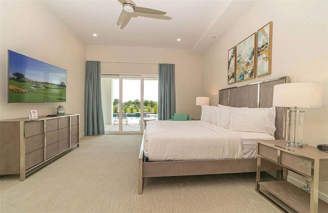 bedroom with ceiling fan, access to exterior, and light colored carpet