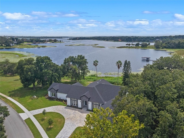 drone / aerial view featuring a water view