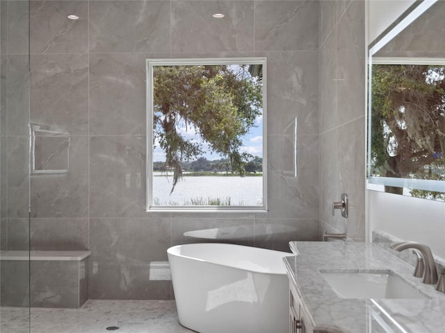 bathroom featuring vanity, a freestanding tub, and a shower