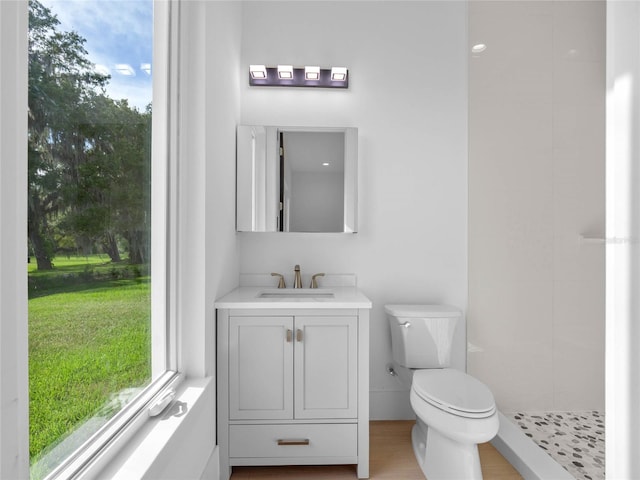 bathroom featuring a wealth of natural light, toilet, vanity, and a tile shower