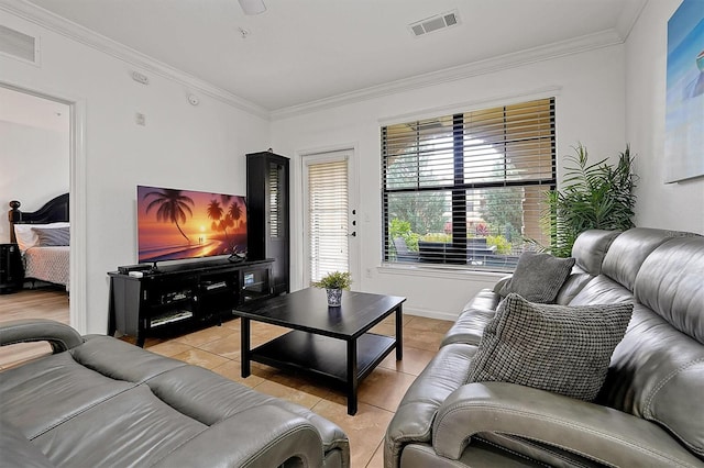 tiled living room with crown molding