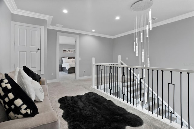 interior space featuring ornamental molding and light carpet