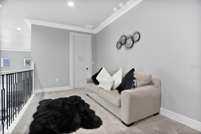 carpeted living room with crown molding