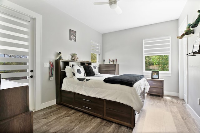 bedroom with ceiling fan, light wood-type flooring, and multiple windows