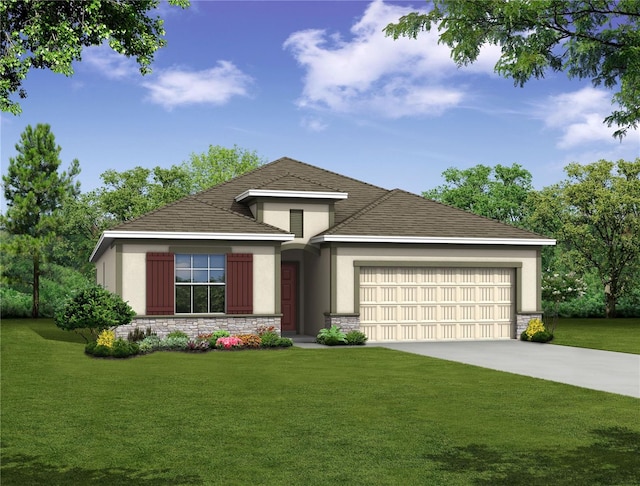 prairie-style home with a garage and a front lawn