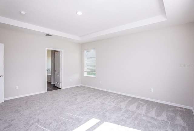 carpeted empty room featuring a raised ceiling