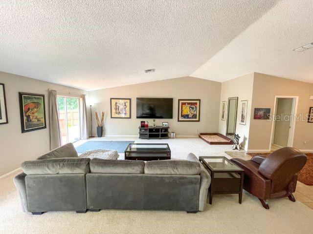 living room with light carpet, a textured ceiling, and vaulted ceiling