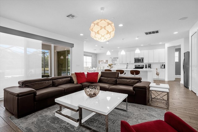 living room with hardwood / wood-style flooring and sink