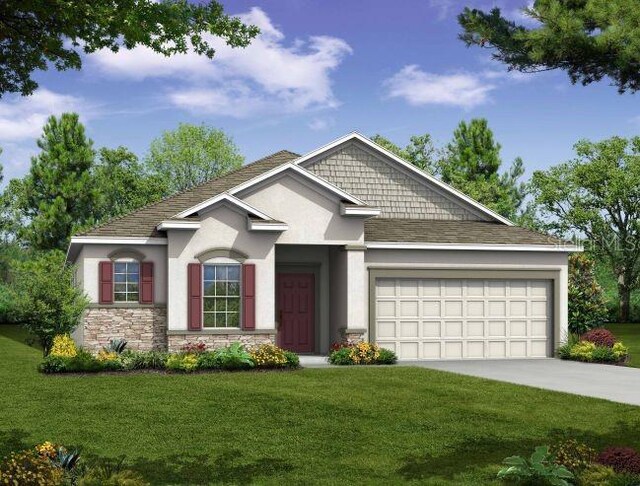 25129 Calusa Dr, Punta Gorda, FL 33955 - view of front facade featuring stone siding, driveway, an attached garage, a front yard, and stucco siding