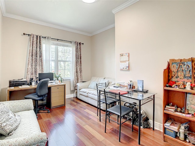 office area featuring ornamental molding and hardwood / wood-style flooring