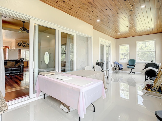 interior space featuring ceiling fan and wood ceiling