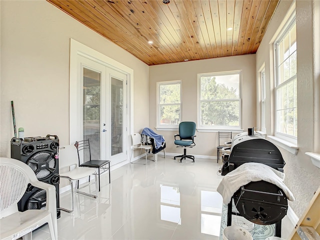 tiled office with french doors and wood ceiling