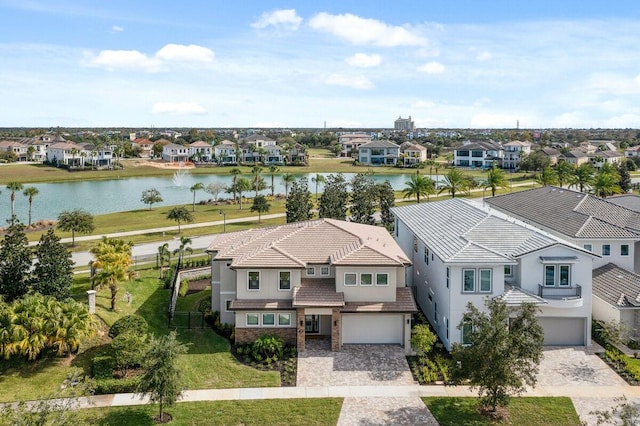 bird's eye view with a water view