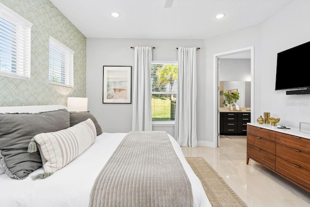 bedroom featuring light tile flooring, ceiling fan, and multiple windows