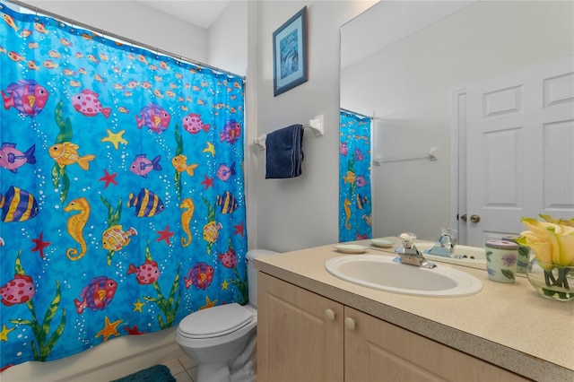 full bathroom with shower / bath combination with curtain, toilet, vanity, and tile flooring