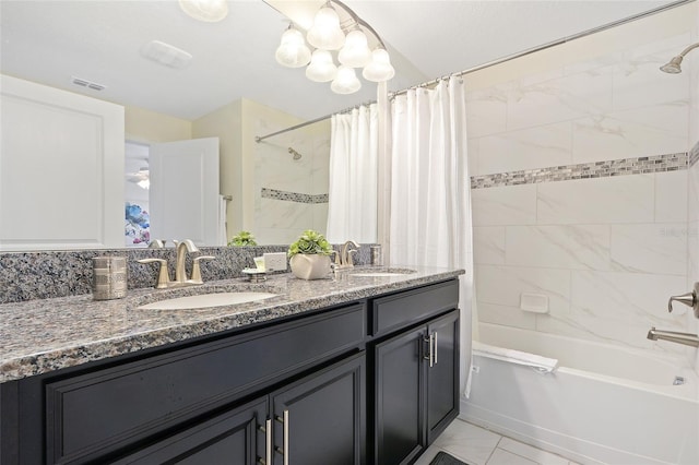 bathroom with a chandelier, shower / tub combo, dual vanity, and tile flooring