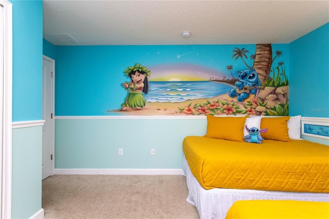 unfurnished bedroom with a textured ceiling and light colored carpet