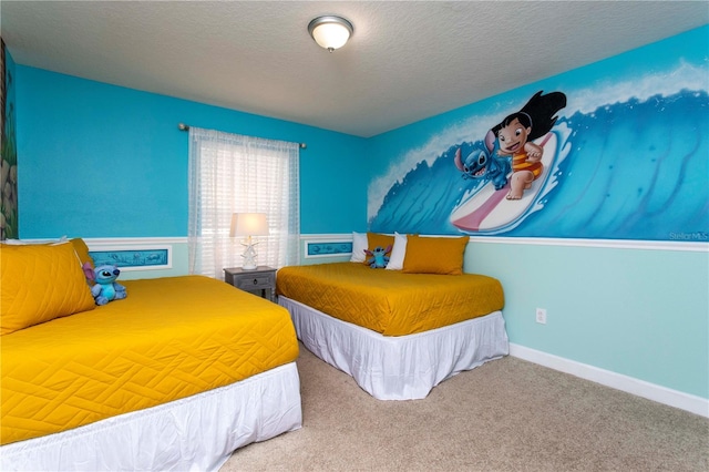 carpeted bedroom featuring a textured ceiling