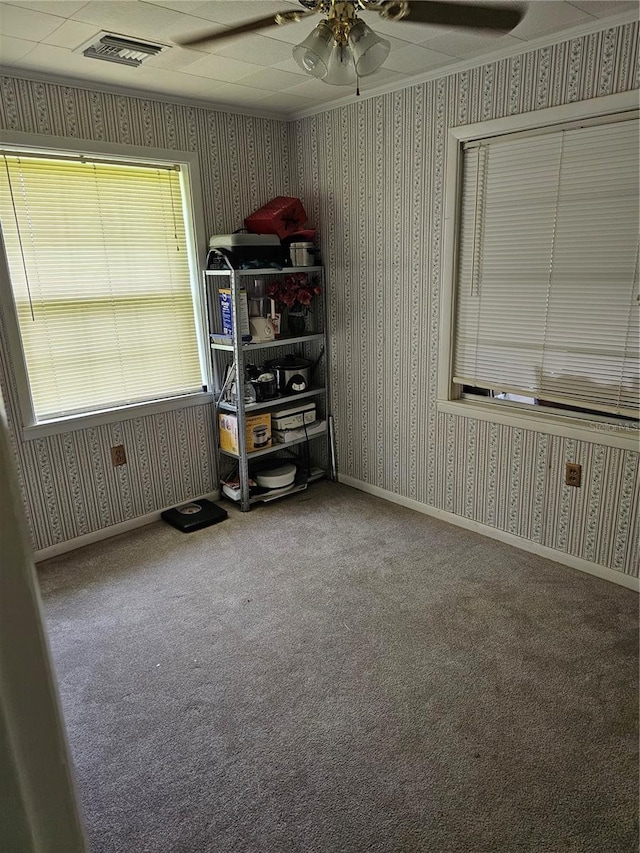 carpeted spare room with ceiling fan