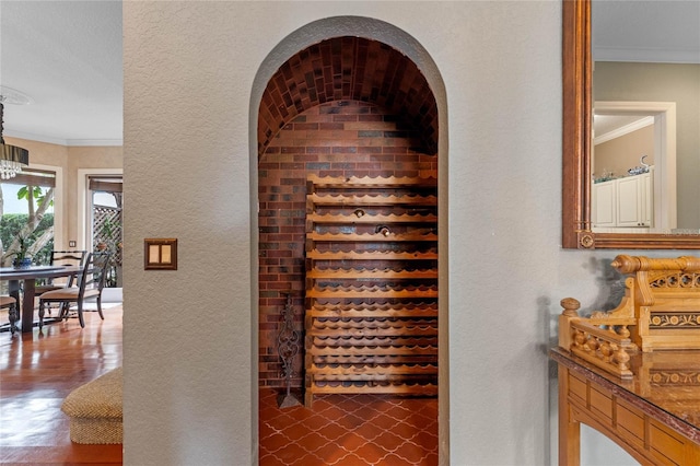 wine cellar with dark wood-type flooring and ornamental molding