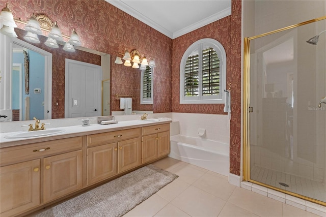 bathroom featuring tile patterned flooring, ornamental molding, vanity, and plus walk in shower