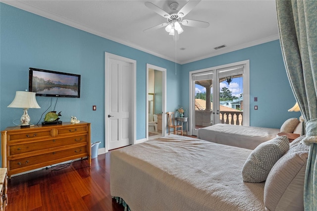 bedroom featuring crown molding, ceiling fan, dark hardwood / wood-style flooring, access to outside, and french doors