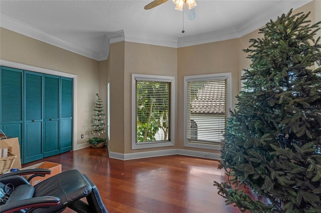 living area featuring ornamental molding, a textured ceiling, ceiling fan, and dark hardwood / wood-style flooring