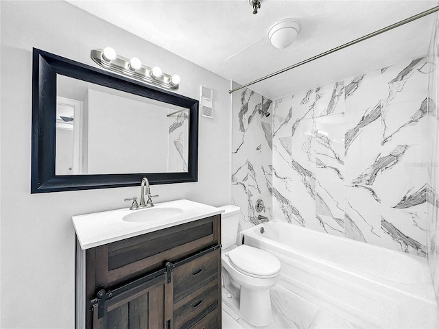 bathroom with vanity, toilet, tub / shower combination, and visible vents