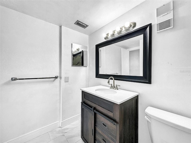 half bath with vanity, baseboards, visible vents, toilet, and marble finish floor