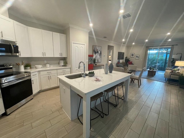 kitchen with white cabinetry, sink, crown molding, and stainless steel appliances