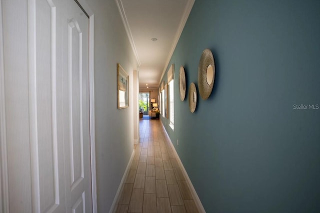 corridor featuring crown molding